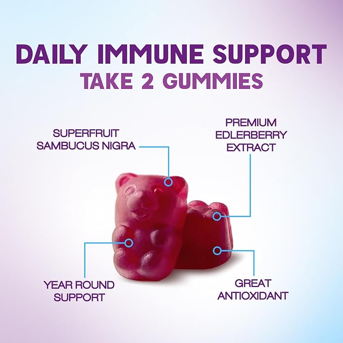 Elderberry Immune Support Gummies - Elderberry Extract Sambucus Nigra - Black Elder Berry Vitamin Supplement - Natural, Daily Immune Support Kids & Adults Love - Delicious Berry Flavor - 60 Gummies
