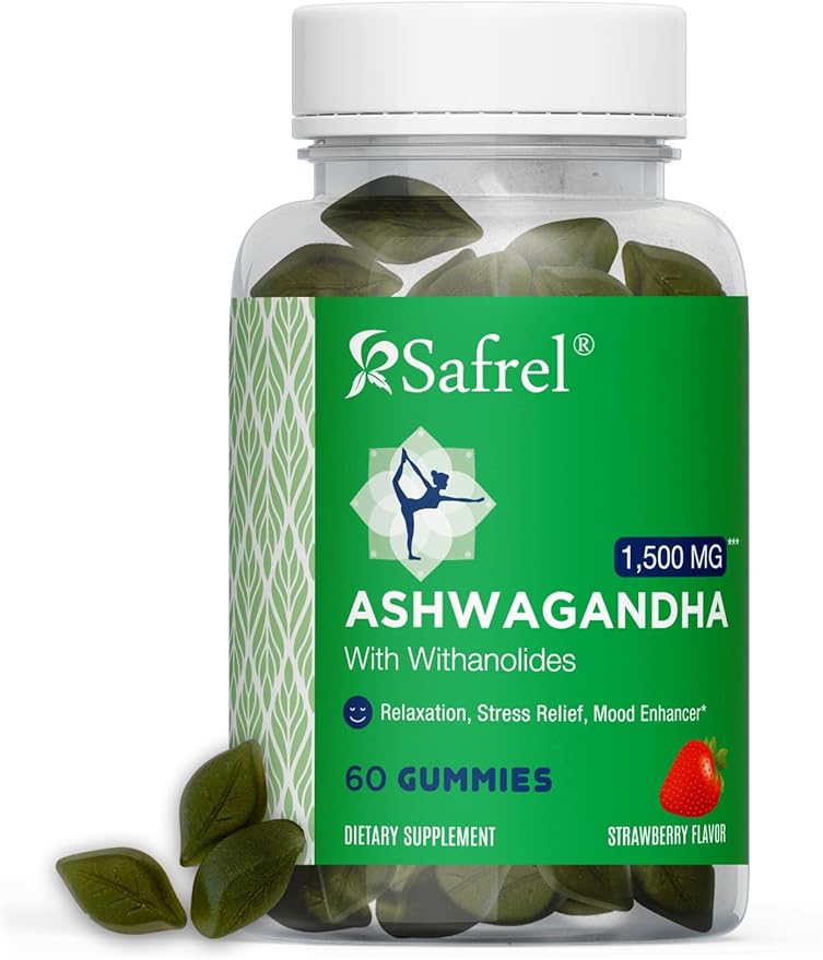 Safrel Ashwagandha Gummies Supplement - 60 Count - Strawberry, KSM-66, Vegan, Plant Based, Non-GMO, Gluten-Free & Gelatin Free