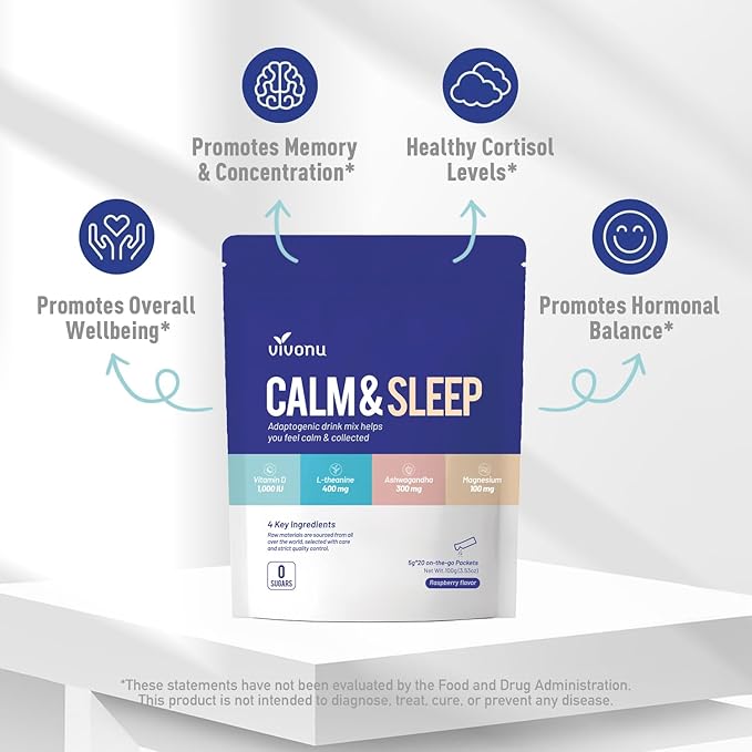 VivoNu Calm & Sleep Powdered Drink Mix Raspberry L Theanine Ksm-66 Ashwagandha Magnesium Glycinate Vitamin D 3 Supplements for Relaxation & Focus (VSC_M7)