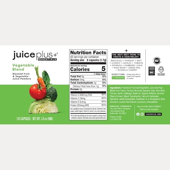 JuicePlus+ Fruit and Vegetable Blend: for Solid Nutritional Foundation - Boost Family's Health with 20 Fruits & Veggies Plus Plant Nutrients - Prepacked 2 Bottles (60 Servings of Fruit, 60 of Veg)
