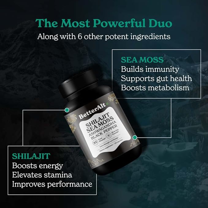 Better Alt Shilajit Sea Moss Capsules Pack of 2 with Ashwagandha & Black Pepper Extract with 85+ Essential Minerals & Antioxidants| Boosts Energy & Metabolism - 120 Servings, 240 Capsules
