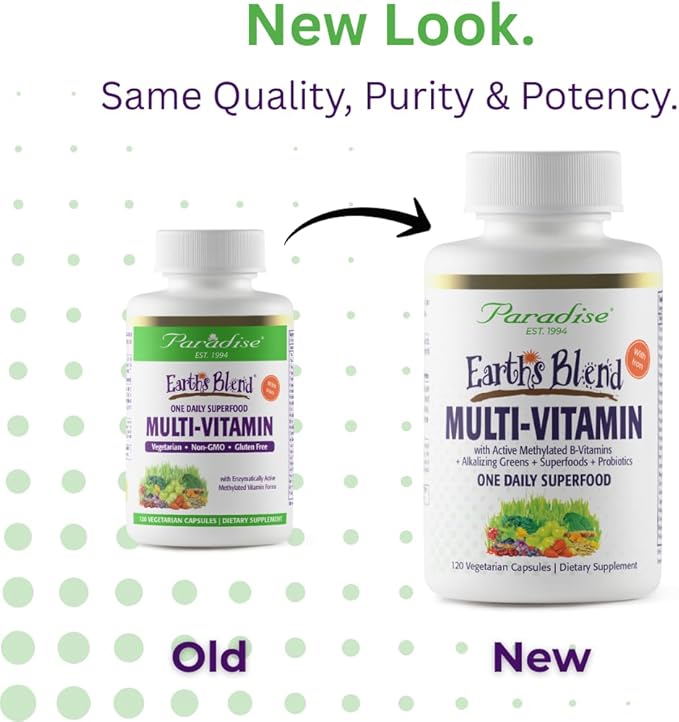 Paradise Herbs Earth's Blend Once Daily Multivitamin with Iron, 48 Organic Superfoods, Probiotics, Antioxidants, Vitamins A, B12, C, D, K2, 120 Capsules
