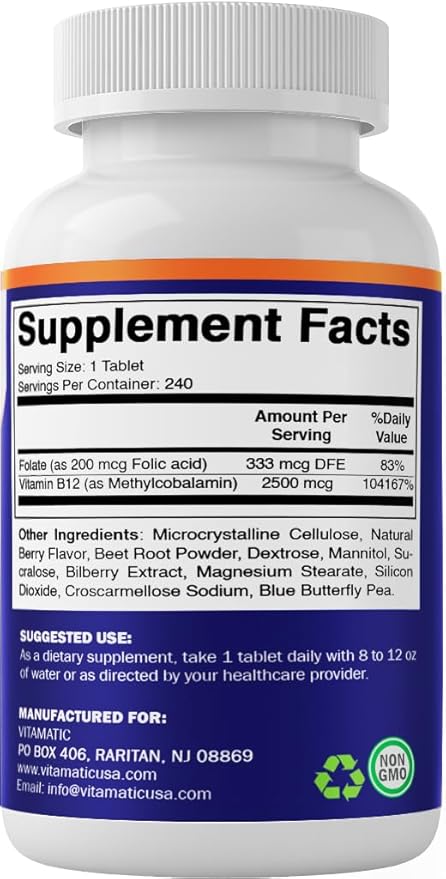 Vitamatic Methyl B12 2500 mcg with Folic Acid – Natural Berry Flavor – 240 Fast Dissolve Tablets – Methylcobalamin Vitamin B12 for Energy & Nervous System Support – Vegan & Non-GMO Supplement