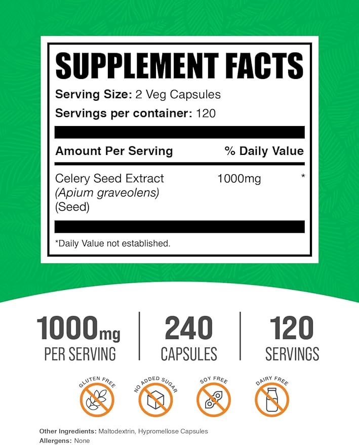 BulkSupplements.com Celery Seed Capsules - Celery Seed Supplement, Celery Seed Extract - Gluten Free, 2 Capsules per Serving, 240 Veg Capsules (Pack of 1)