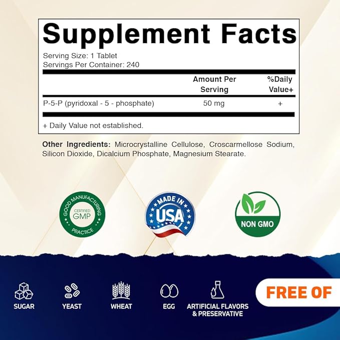 Vitamatic P5P 50 mg – Pyridoxal-5-Phosphate – Active Form of Vitamin B6 – Energy & Nervous System Support – Non-GMO, Gluten-Free – 240 Tablets