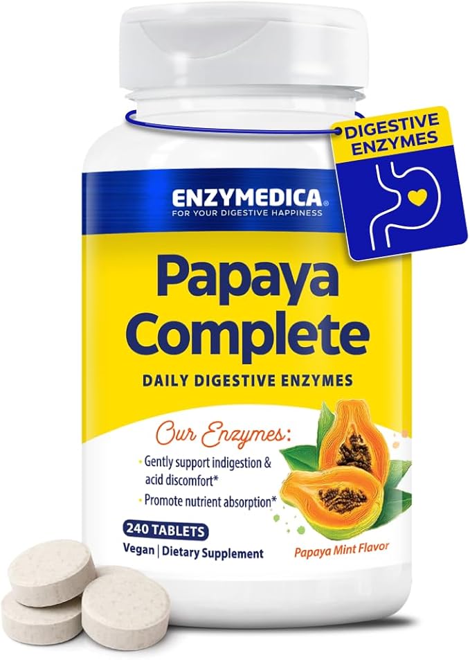 Enzymedica Papaya Enzymes Chewable, Digestive Enzymes for Women and Men, with Organic Papaya Juice and Chlorophyll, High Potency Bromelain & Papain, Vegan, Mint Flavor, 240 Tablets