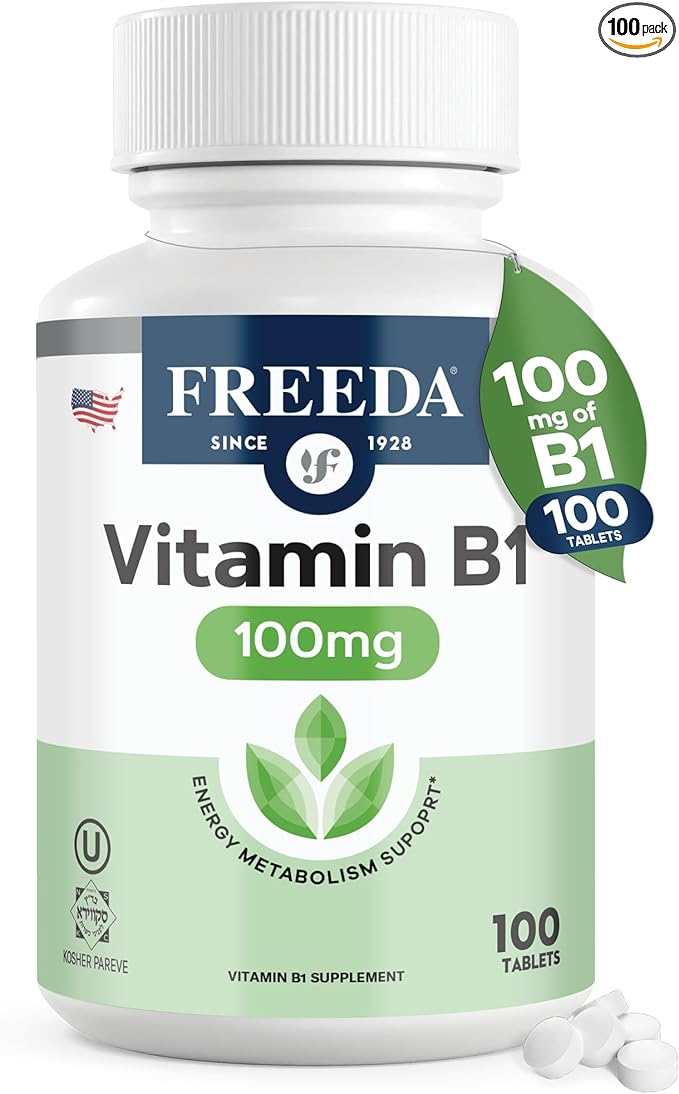 Freeda Vitamin B1 Thiamine 100mg - Supports Energy Metabolism, Nervous System Health - Kosher, Vegan, Gluten Free - Thiamin HCl 100 mg Vitamin B 1 - Pure Vit B1 Vitamin Thiamine B1 Supplement (100 Ct)