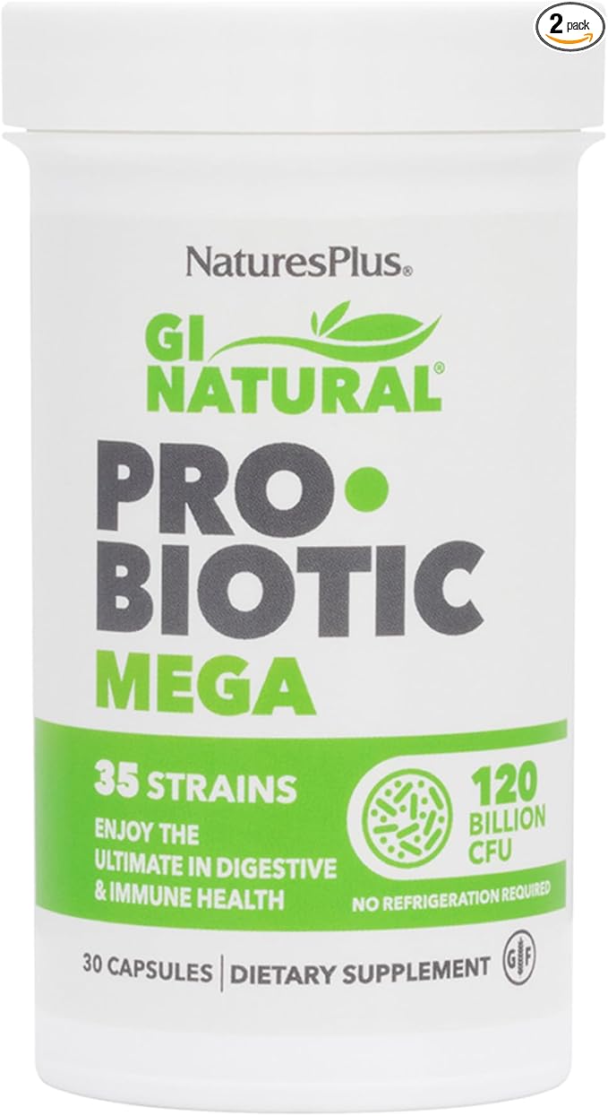 NaturesPlus GI Natural Probiotic Mega - 30 Capsules, Pack of 2 - Digestive & Immune Health - Gluten Free - 60 Total Servings
