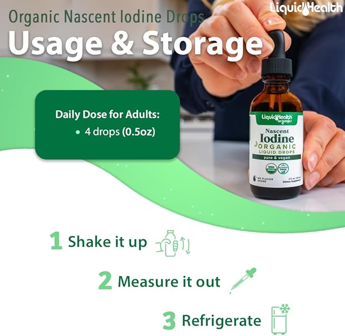 LIQUIDHEALTH USDA Organic Nascent Iodine Liquid Drops, Pure Iodine Supplement for Thyroid & Immune Support, Energy Supplement - Made in USA, Vegan, Colorless, Tasteless Tincture (2 Pack)