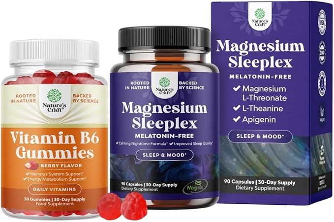 Bundle of Potent Vitamin B6 Gummies for Adults - Vitamin B Complex Supplements for Nervous System and High Absorption Magnesium Sleep - Rest Support Magtein Magnesium L-Threonate and Apigenin Theanine