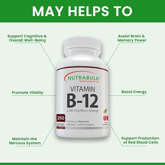 NutraBulk Vitamin B12 2500 mcg Quick Dissolve Lozenges - Cherry Flavored B-12 Sublingual - B12 Vitamins Supplement (as Cyanocobalamin) for Energy & Red Blood Cell Support - Made in USA (250 Count)