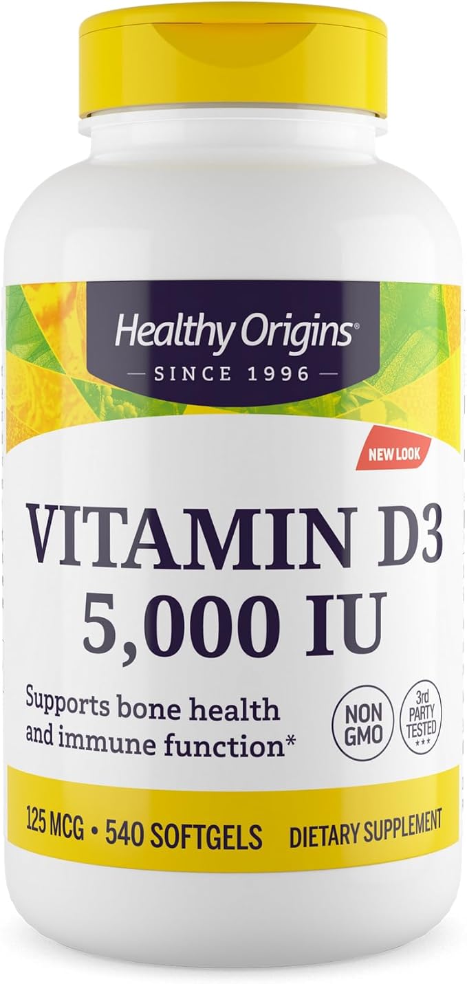 Healthy Origins Vitamin D3 (Lanolin) 5,000 IU Softgel - Bone Health and Immune Support Supplement - Easily Absorbable Vitamin D Supplements - Gluten-Free Vitamin D3 Supplement -540 Softgels