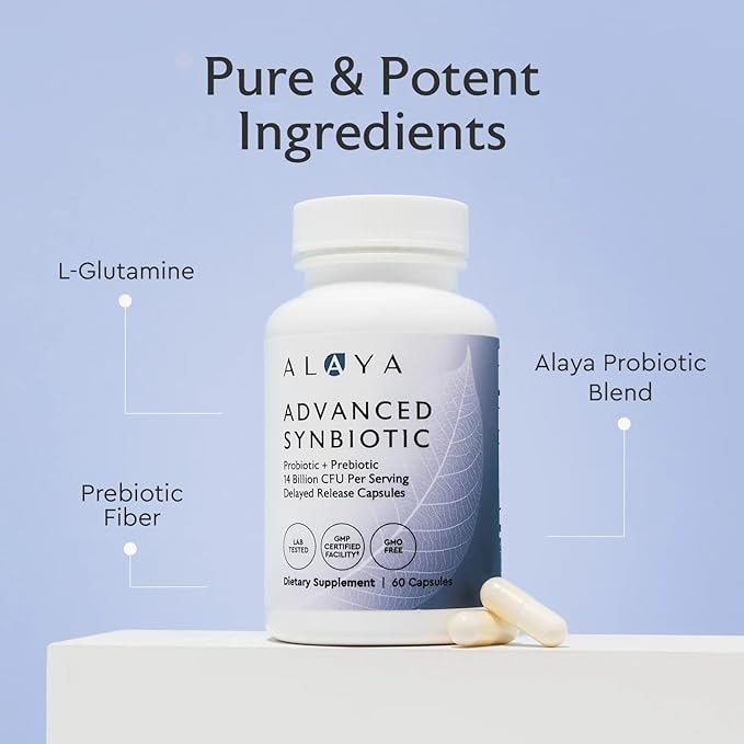 Alaya Naturals Advanced Synbiotic - Probiotic + Prebiotic - 14 Billion CFU Delayed Release Probiotic Supplement with Prebiotics from Sunfiber®, and L-glutamine for Gut Lining Integrity - 60 Capsules