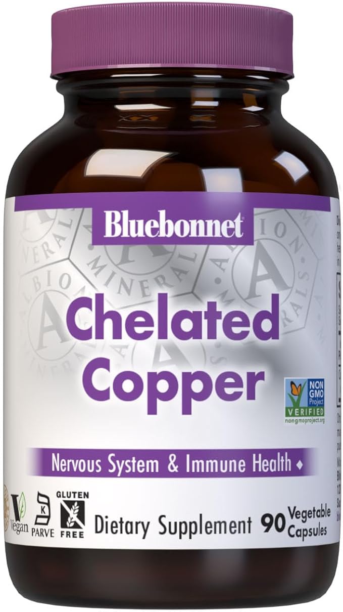 Bluebonnet Nutrition Albion Chelated Copper, Nervous System & Immune Health*, Soy-Free, Gluten-Free, Non-GMO, Kosher Certified, Dairy-Free, Vegan, 90 Vegetable Capsules, 90 Servings