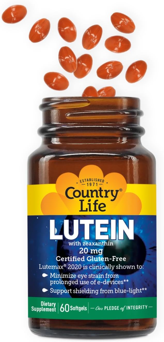 Country Life Lutein 20 mg Supplement - Certified Gluten-Free - Eye Health Support with Lutein and Zeaxanthin - Reduces Eye Strain from Screens - No Yeast, Corn, Wheat, Milk - 60 Softgels