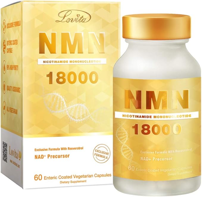 LOVITA NMN 18000, NMN Supplement with Resveratrol, Nicotinamide Mononucleotide 300 mg per Capsule, High Absorption & Stabilized Form, 99% Purity, for Healthy Aging, 60 Vegan Capsules