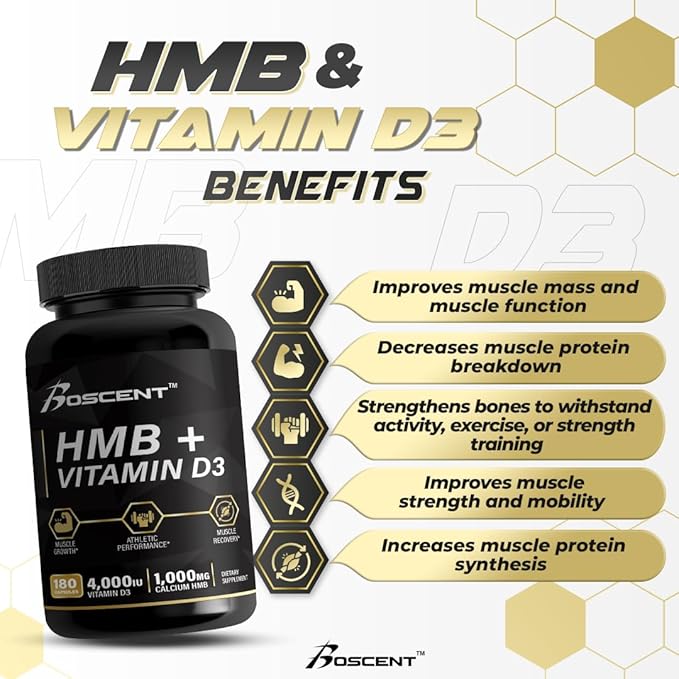 HMB and Vitamin D3 Supplement 1,000 MG (180 Capsules) - HMB supplements with 4,000 UI of D3 & Calcium - Muscle Growth, Strength & cure - B-Hydroxy B-Methylbutyrate Butyrate - Muscle Builder for Men