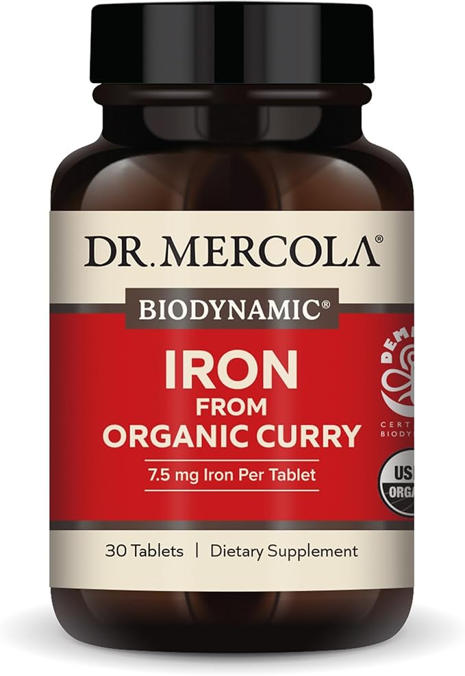 Dr. Mercola Iron from Organic Curry, 30 Servings (30 Tablets), 7.5 mg Iron Per Tablet, Dietary Supplement, Supports Immune Health, Regenerative, Certified USDA Organic, Non-GMO