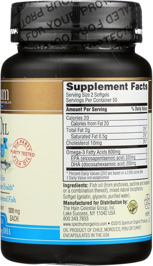 Spectrum Essentials Spectrum Fish Oil, 1000 mg, 100 SoftGels, From Sustainably Harvested Fish, (Pack of 2)