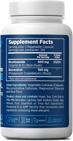 Nicotinamide 500 mg with Resveratrol 100 mg 120 Veggie Capsules - Non-GMO Vitamin B3, Supports Metabolic Health, NAD+, Skin Cell & Mitochondrial Energy Production. Made in USA for Men and Women