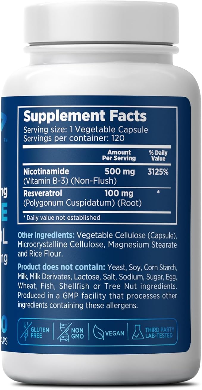 Nicotinamide 500 mg with Resveratrol 100 mg 120 Veggie Capsules - Non-GMO Vitamin B3, Supports Metabolic Health, NAD+, Skin Cell & Mitochondrial Energy Production. Made in USA for Men and Women