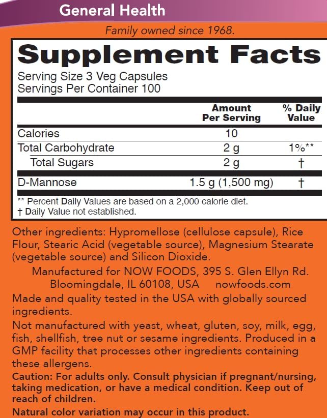 Now D-Mannose 500 mg, 300 Capsules - Vegan, Non GMO Supplement for Women and Men - Supports Healthy Urinary Tract, Cleanses the Bladder