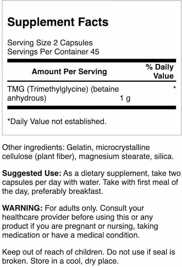 Swanson TMG Trimethylglycine - Amino Acid Supplement Promoting Healthy Liver Function & Heart Health Support - (90 Capsules, 500mg Each) (2 Pack)