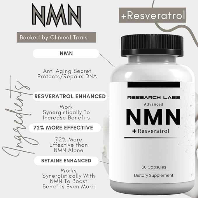 Research Labs Advanced NMN Resveratrol & Betaine (TMG) Longevity Formula – NAD Cellular Energy, Healthy Aging, Metabolic Support – Advanced Science Supplement – Made in USA NAD Supplement Booster