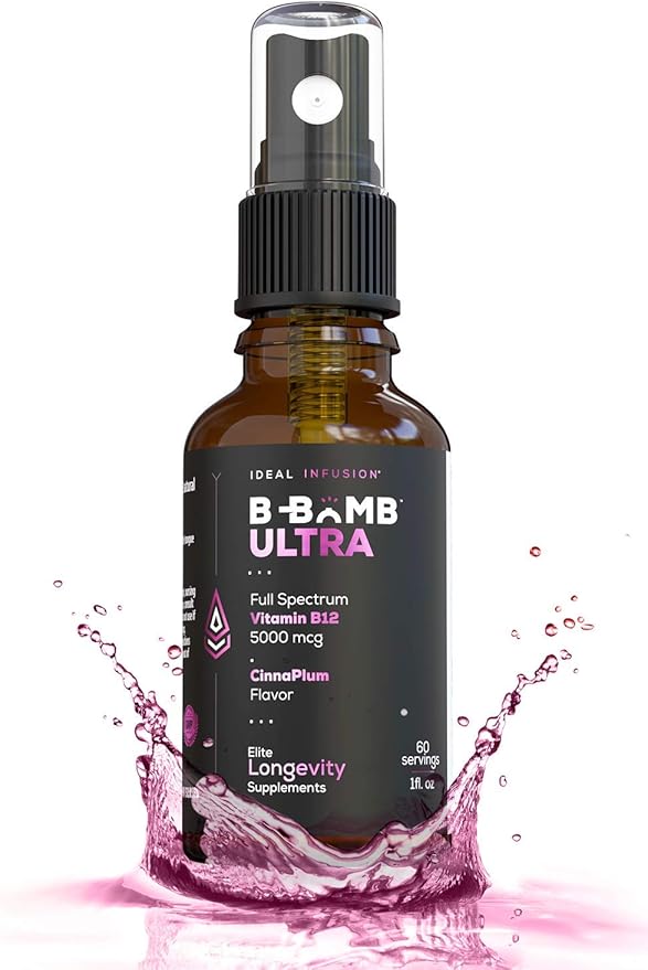 Ideal Infusion B-Bomb Triple B12 Vitamin Liquid Spray: Methylcobalamin, Adenosylcobalamin, Hydroxocobalamin - Nerve Health and Energy Booster- 5000 mcg, Keto, Sugar Free (Organic CinnaPlum)