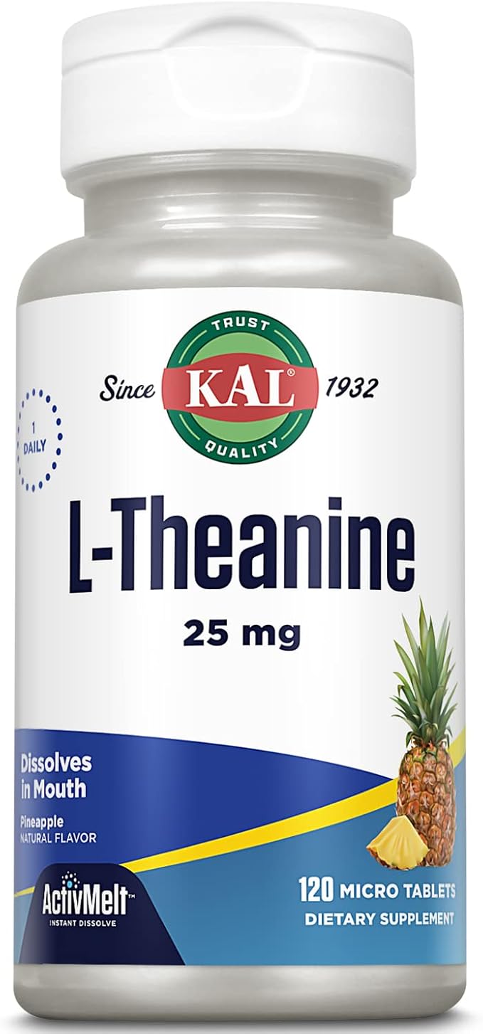 KAL L Theanine 25 mg ActivMelt - Relaxation, Stress, Mood and Focus Supplement - Delicious Natural Pineapple Flavor with Stevia - Vegetarian - 120 Servings, 120 Instant Dissolve Micro Tablets