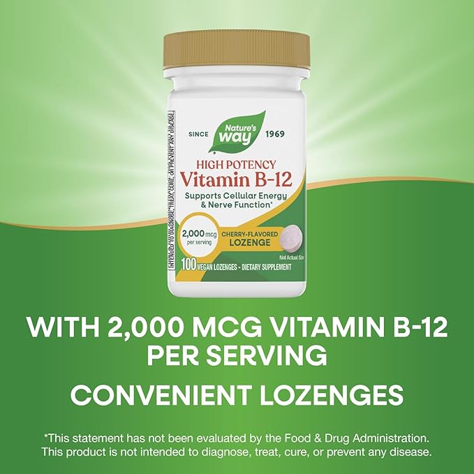 Nature’s Way Vitamin B-12 Lozenges, 2,000 mcg Vitamin B12 per Lozenge, Supports Cellular Energy & Nerve Function*, No Gluten, Vegan, Cherry Flavored, 100 Count (Packaging May Vary)
