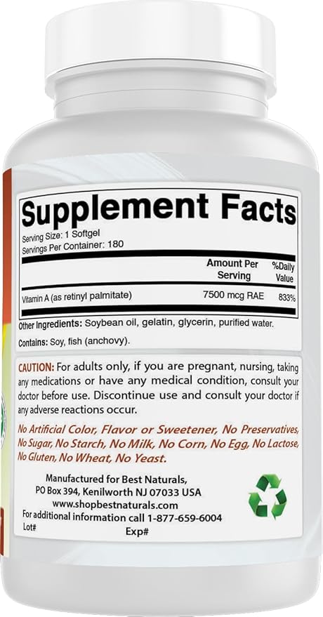 Best Naturals Vitamin A 25000 IU (7500 mcg), Non-GMO Formula Supports Healthy Vision & Immune System and Healthy Growth & Reproduction, 180 Softgels (180 Count (Pack of 3))