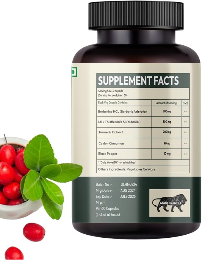 Hurbix Berberine - 1300 mg | 5 in 1 Enhanced Formula with Milk Thistle, Turmeric & Cinnamon | Premium High-Potency Formula | 60 Capsules