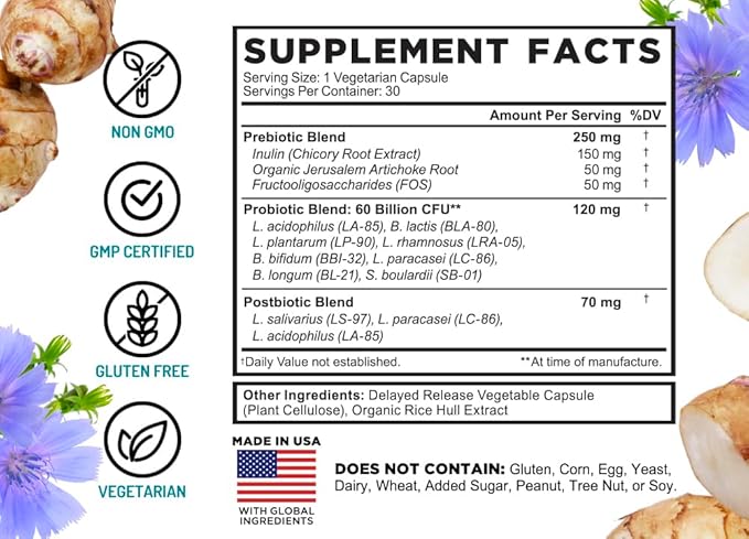 FarmHaven 60 Billion CFU Probiotic - 8 Probiotic Strains - Prebiotics & Postbiotics - Supports Digestive & Immune Health - Delayed Release - Shelf Stable - Non-GMO, Gluten Free - 30 Caps