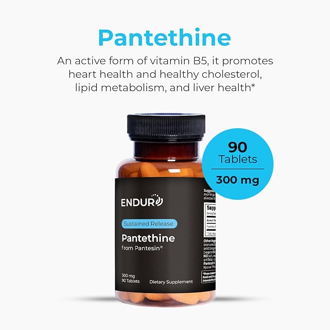 Endur Pantethine from Pantesin, Liver Function & Healthy Cholesterol Balance Supplement, Sustained Release Formula, Gluten Free, 300mg (90 Tablets)