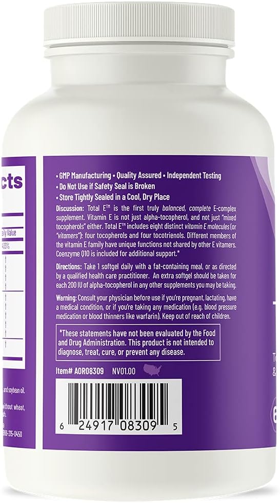 AOR Total E 445 mg, 60 Softgels, 60-Day Supply, Vitamin E Complex with CoQ10 – Advanced Antioxidant Blend for Overall Wellness, Skin & Hair Health
