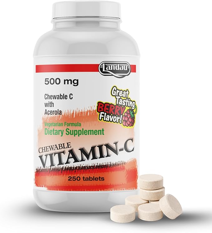 LANDAU 500mg Chewable Vitamin C Candy for Kids & Adults – Easy-to-Take Vitamin C Supplement with Acerola – Kosher & Made in The USA – Great Tasting Berry Flavor, 250 Tablets