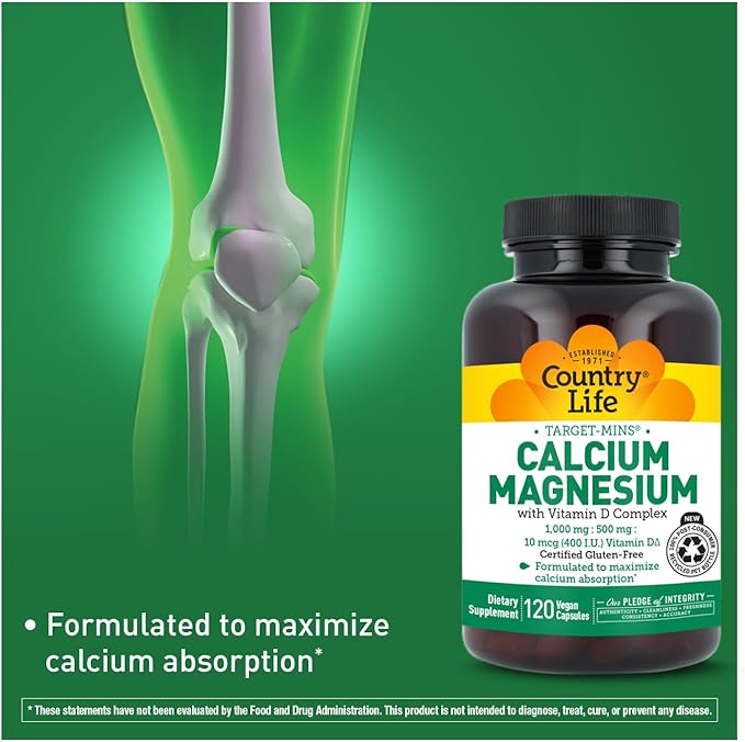 Country Life Target-Mins Calcium Magnesium with Vitamin D-Complex, 1000mg/500mg/10mcg, 120 Vegan Capsules, Certified Gluten Free, Certified Vegan, Verified Non-GMO Verified