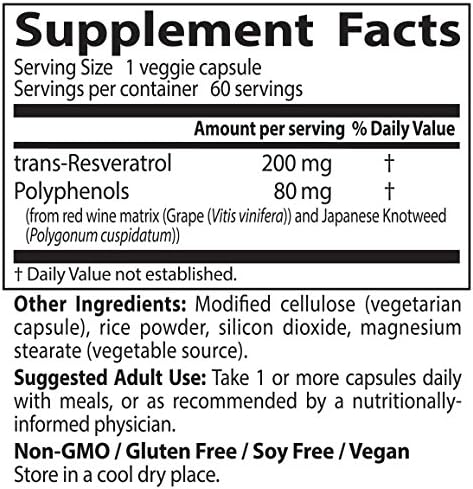 Doctor's Best Trans Resveratrol 200 mg Supplement for Men & Women - Red Wine Polyphenols for Health & Antioxidant Support, Resveratrol Complex from Japanese Knotweed, Vegan, Non GMO - 60 Veg Caps