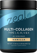 Zeal Naturals Multi Collagen Protein Peptides Powder Types I II III V X - Vitamin C, Biotin & Hyaluronic Acid - Hair, Skin & Nails - Marine, Bovine, Chicken & Eggshell - Vanilla, 45 Servings