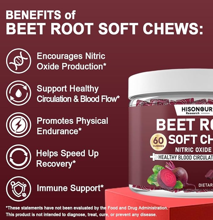 Beetroot Chews, Beet Root Soft Chews with Grape Seed, Pomegranate, Black Pepper, Vitamin C, B12, Nitric Oxide Supplement for Men & Women, Cherry Flavor, Sugar Free, 60 Chews