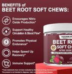 Beetroot Chews, Beet Root Soft Chews with Grape Seed, Pomegranate, Black Pepper, Vitamin C, B12, Nitric Oxide Supplement for Men & Women, Cherry Flavor, Sugar Free, 60 Chews