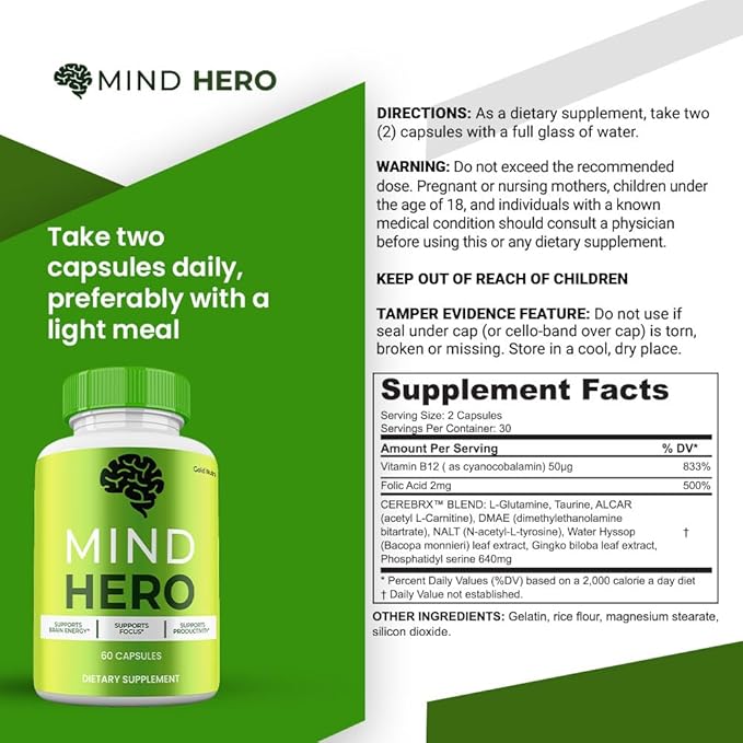 Mind Hero Supplement, All Natural Brain and Cognitive Capsules, Official Clarity and Focus Pills, 1 Month Supply (1 Pack)