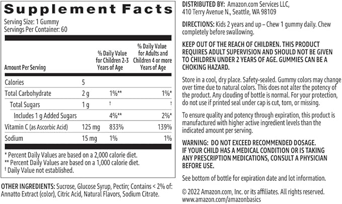Amazon Basics Kids' Vitamin C 125mg Gummies, Orange Flavor, Soft Chew, 60 Count, Immune Health, Vegetarian, 2 Month Supply (Previously Solimo)