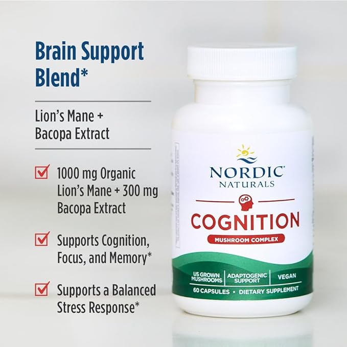 Nordic Naturals Cognition Mushroom Complex, Unflavored - 60 Capsules - Brain, Memory & Mood Support - Blend of Lion’s Mane Mushroom & Bacopa Extract - Non-GMO - Certified Vegan - 30 Servings