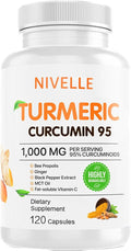 NIVELLE Turmeric Curcumin | Pure Turmeric Curcumin Supplement 1000mg | 95% Curcuminoids with Bee Propolis, Ginger, MCT Oil, Fat Soluble Vitamin C, & Black Pepper | 120 Capsules (1)
