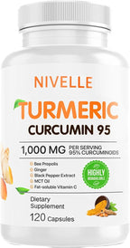 NIVELLE Turmeric Curcumin | Pure Turmeric Curcumin Supplement 1000mg | 95% Curcuminoids with Bee Propolis, Ginger, MCT Oil, Fat Soluble Vitamin C, & Black Pepper | 120 Capsules (1)