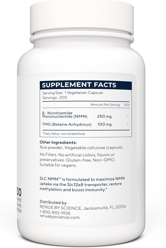 Renue By Science NMN Supplement | 200 SLC Enteric Capsules - 250mg Nicotinamide Mononucleotide per Serving | Delayed Release for Increased Absorption | Manufactured in the USA