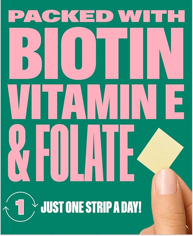 NuStrips™ Fast-Dissolving Beauty Strips with Biotin, Folate & Vitamin E – Hair, Skin & Nails Supplement – Supports Hair Growth & Reduces Hair Fall – Non-GMO, Vegan – Delicious Strawberry (30 Strips)