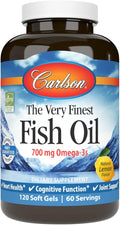Carlson - The Very Finest Fish Oil, 700 mg Omega-3s, Norwegian Fish Oil Supplement, Wild Caught Omega-3 Fish Oil, Sustainably Sourced Fish Oil Capsules, Omega 3 Supplement, Lemon, 120 Softgels